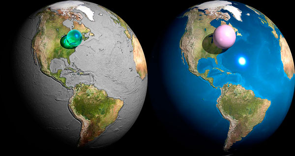 Till vänster: Jordens samlade vatten i relation till planetens storlek. Till höger: Jordens samlade atmosfär i relation till planetens storlek. Bilden är skapad av Adam Nieman.