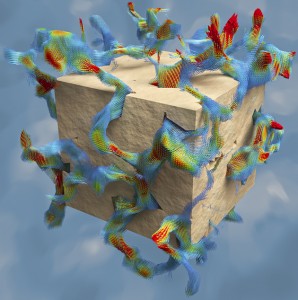 Simulerat vätskeflöde i en liten del av den ursprungliga kuben. Röd färg innebär snabbt vätskeflöde, gult och grönt mellanliggande värden, medan blått indikerar långsamt flöde.