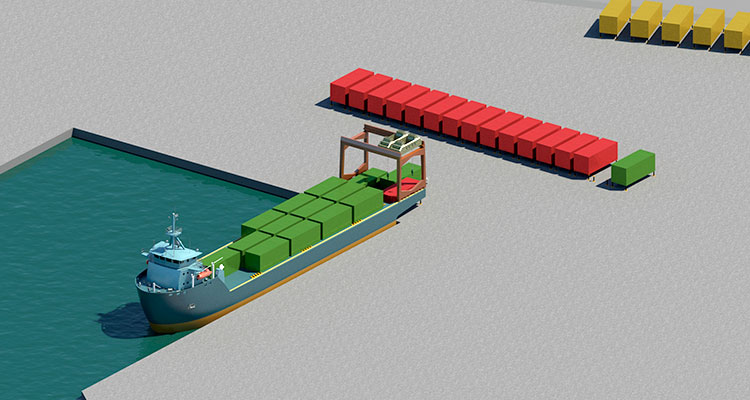 En skiss på ett fartyg med öppet däck och egen kran. Fartyget är lastat med Mega Unit-containrar. Bild: MacGregor.